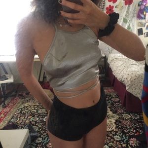 silver metallic crossover tie up halter top